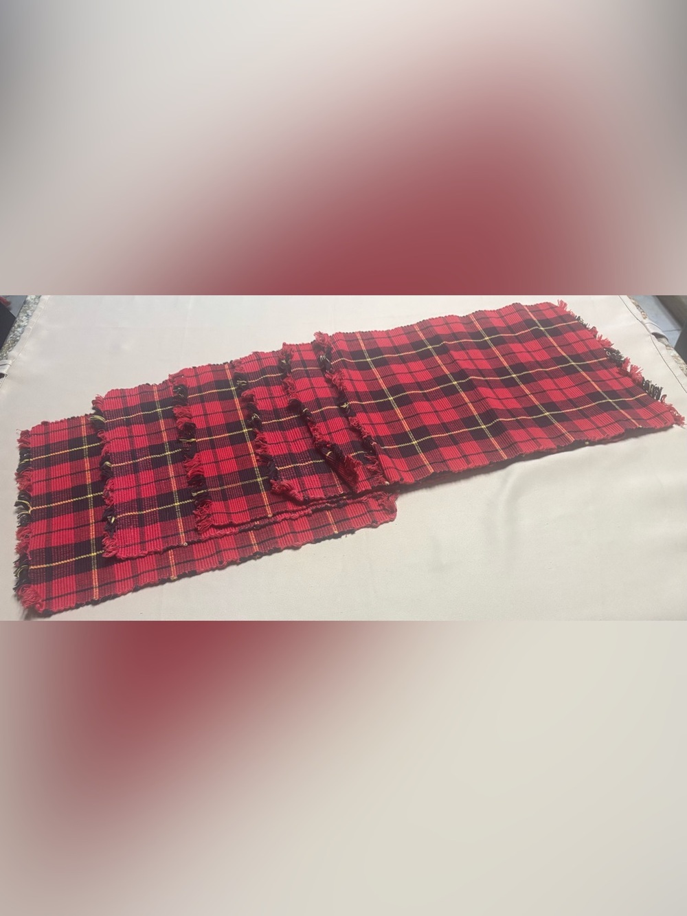 Set of 6 - Plaid Fringed Rectangular Fabric Placemats Red Black Tartan